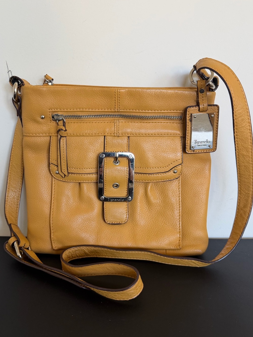 Tignanello Mustard Yellow Pebbled Leather Buckle Crossbody Bag